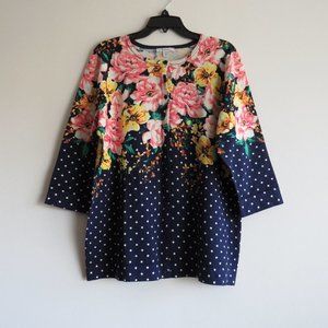 IsaacmizrahiLive! Cardigan Women's Button Up Floral & Polka Dot Motifs Knit Top